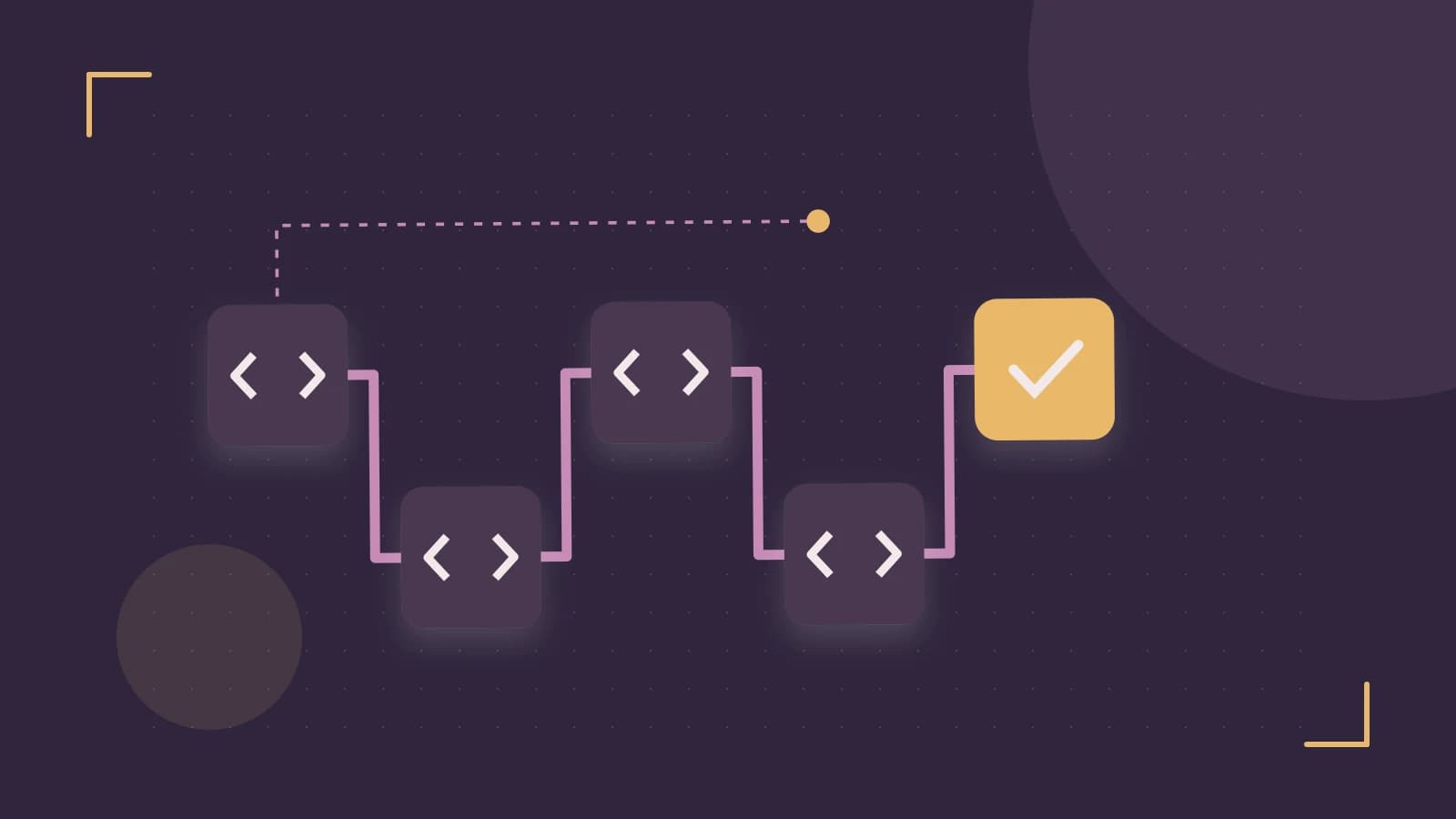 Editorial illustration of a branching build pipeline, staged transformations and a completed check