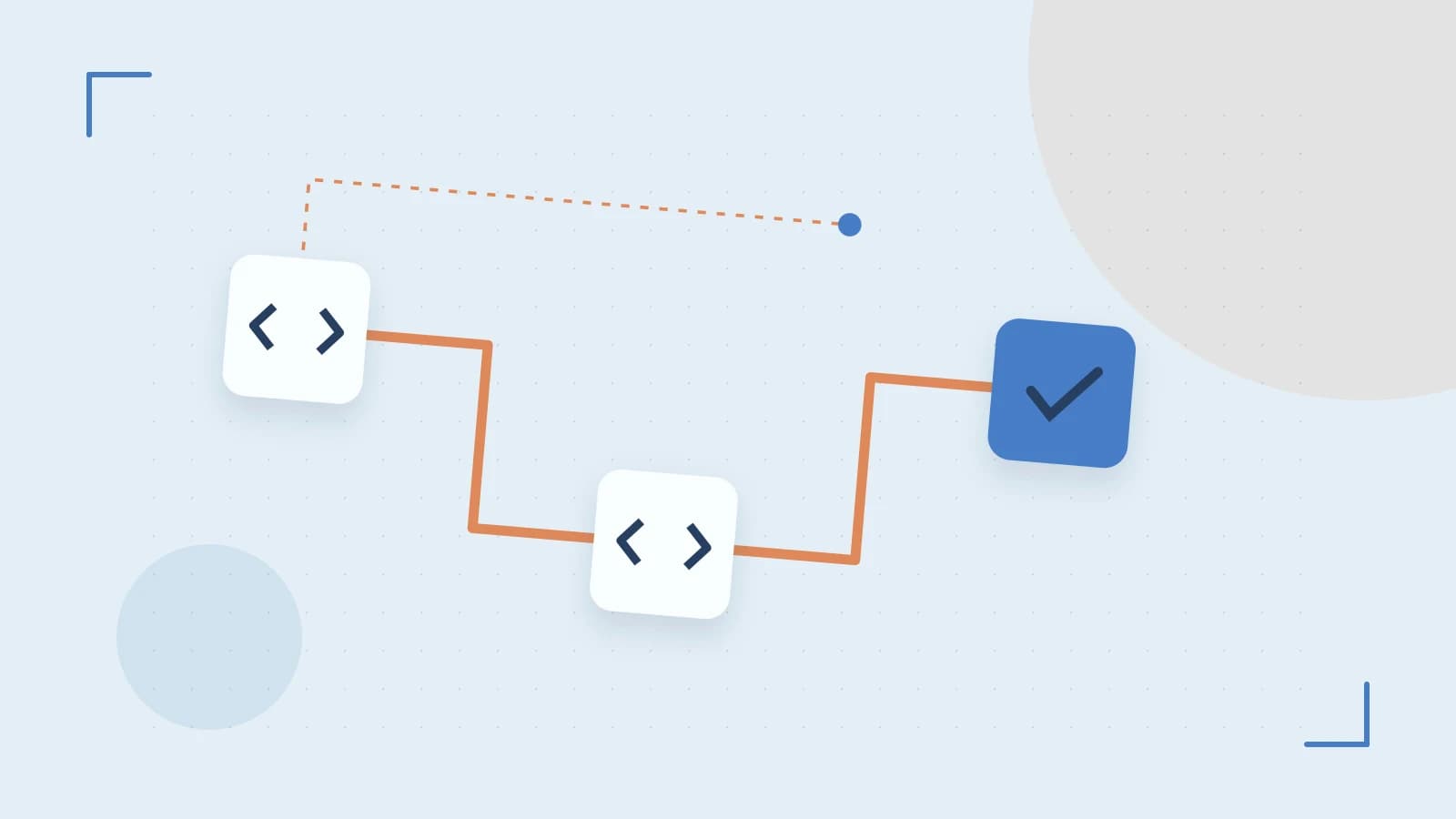 Editorial illustration of a branching build pipeline, staged transformations and a completed check