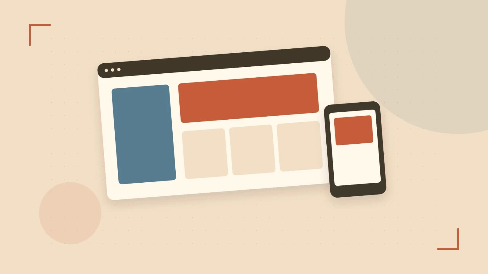 Editorial illustration of responsive browser layouts, overlapping design components and a color system