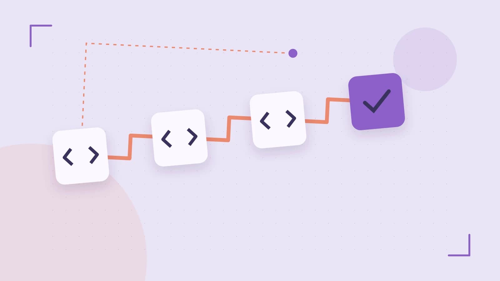 Editorial illustration of a branching build pipeline, staged transformations and a completed check