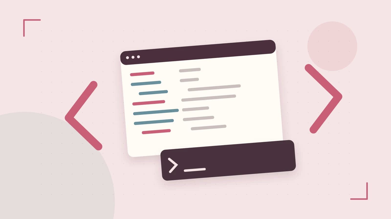 Editorial illustration of an abstract code editor, syntax blocks and oversized programming brackets