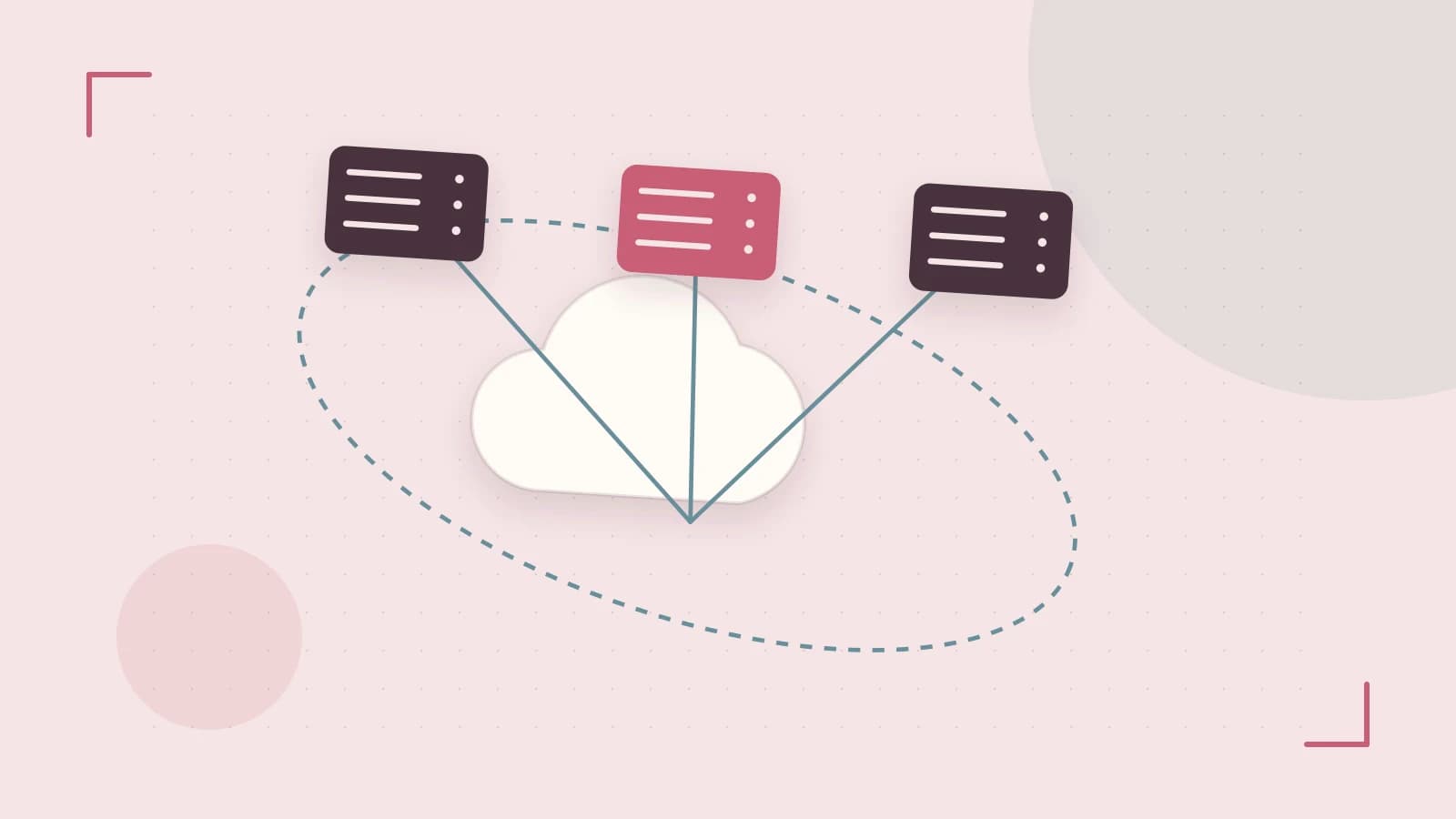 Editorial illustration of cloud infrastructure, connected server racks and an orbital service map
