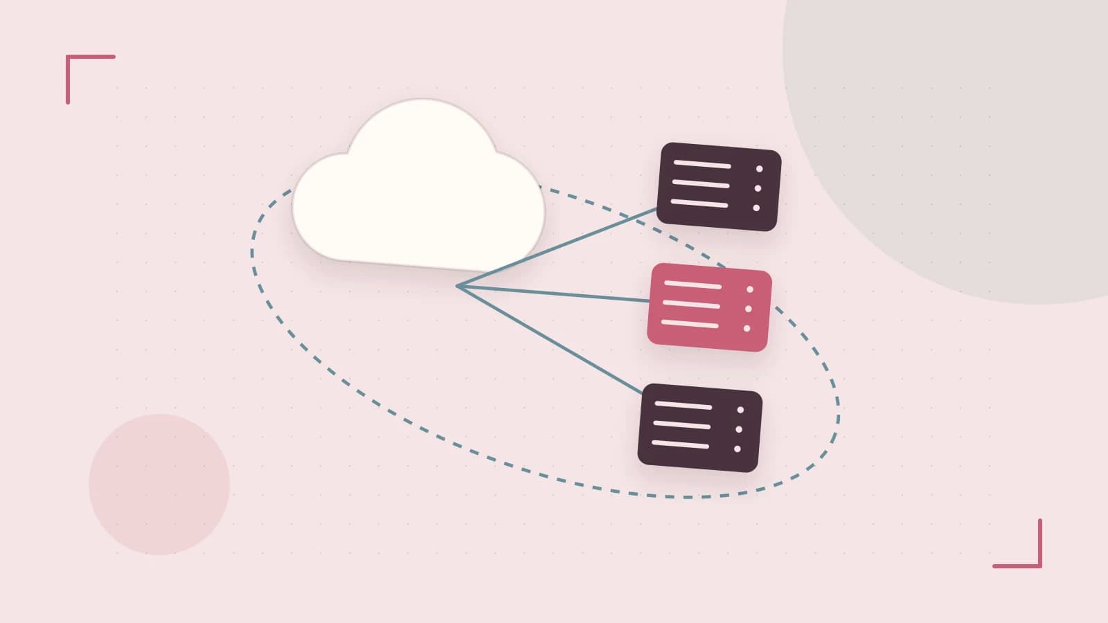 Editorial illustration of cloud infrastructure, connected server racks and an orbital service map