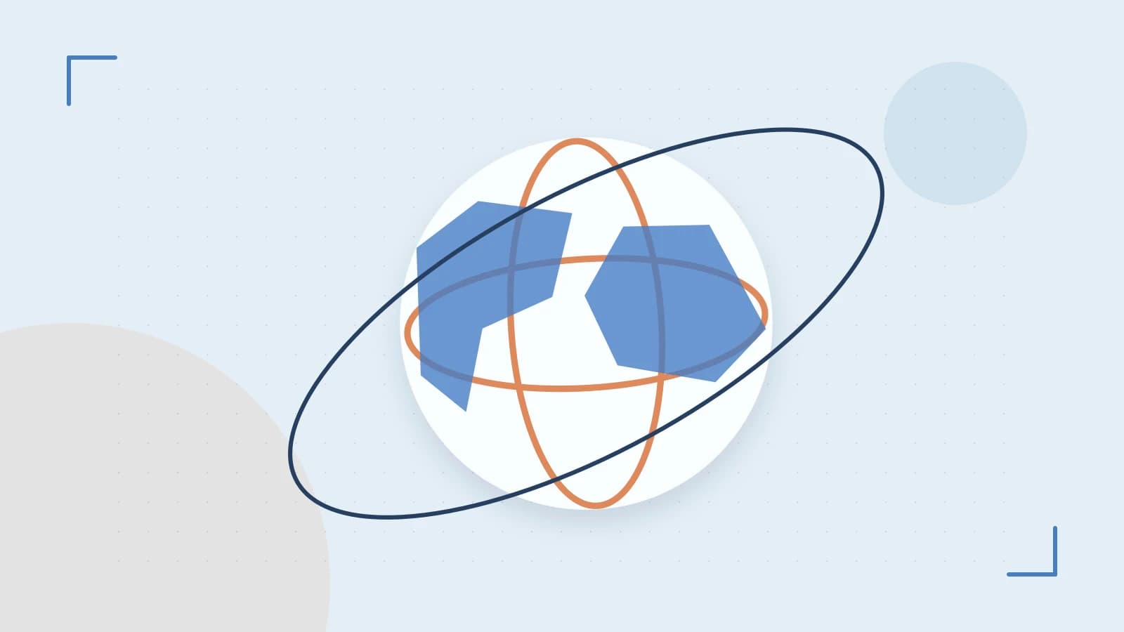 Editorial illustration of an editorial globe with meridians and layered geographic shapes