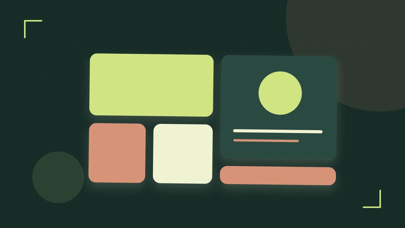 Editorial illustration of responsive browser layouts, overlapping design components and a color system