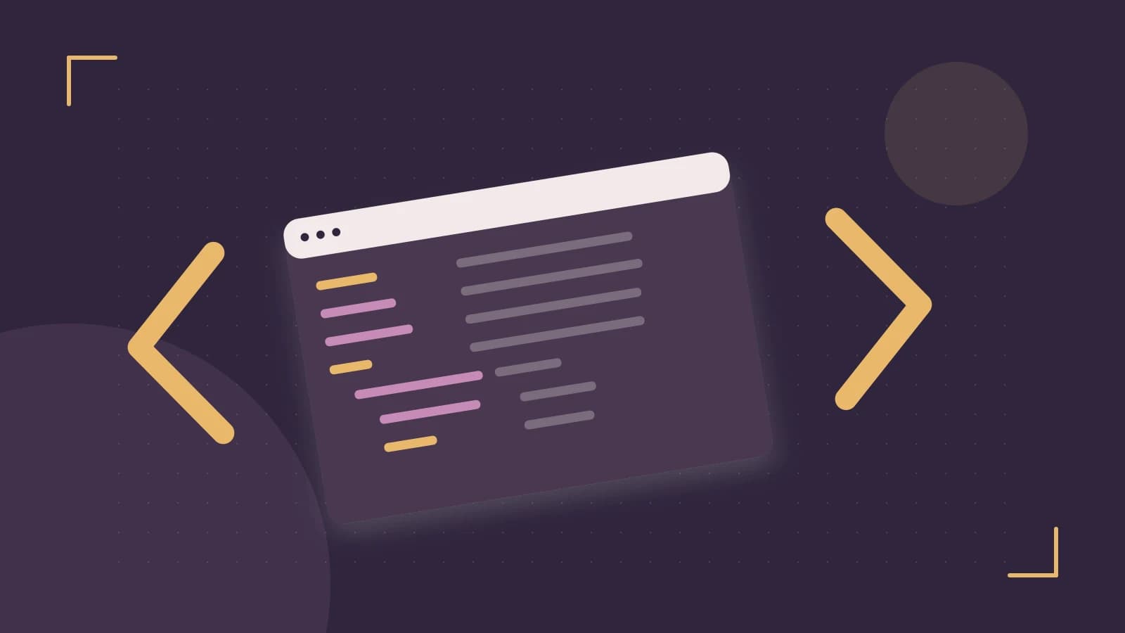 Editorial illustration of an abstract code editor, syntax blocks and oversized programming brackets