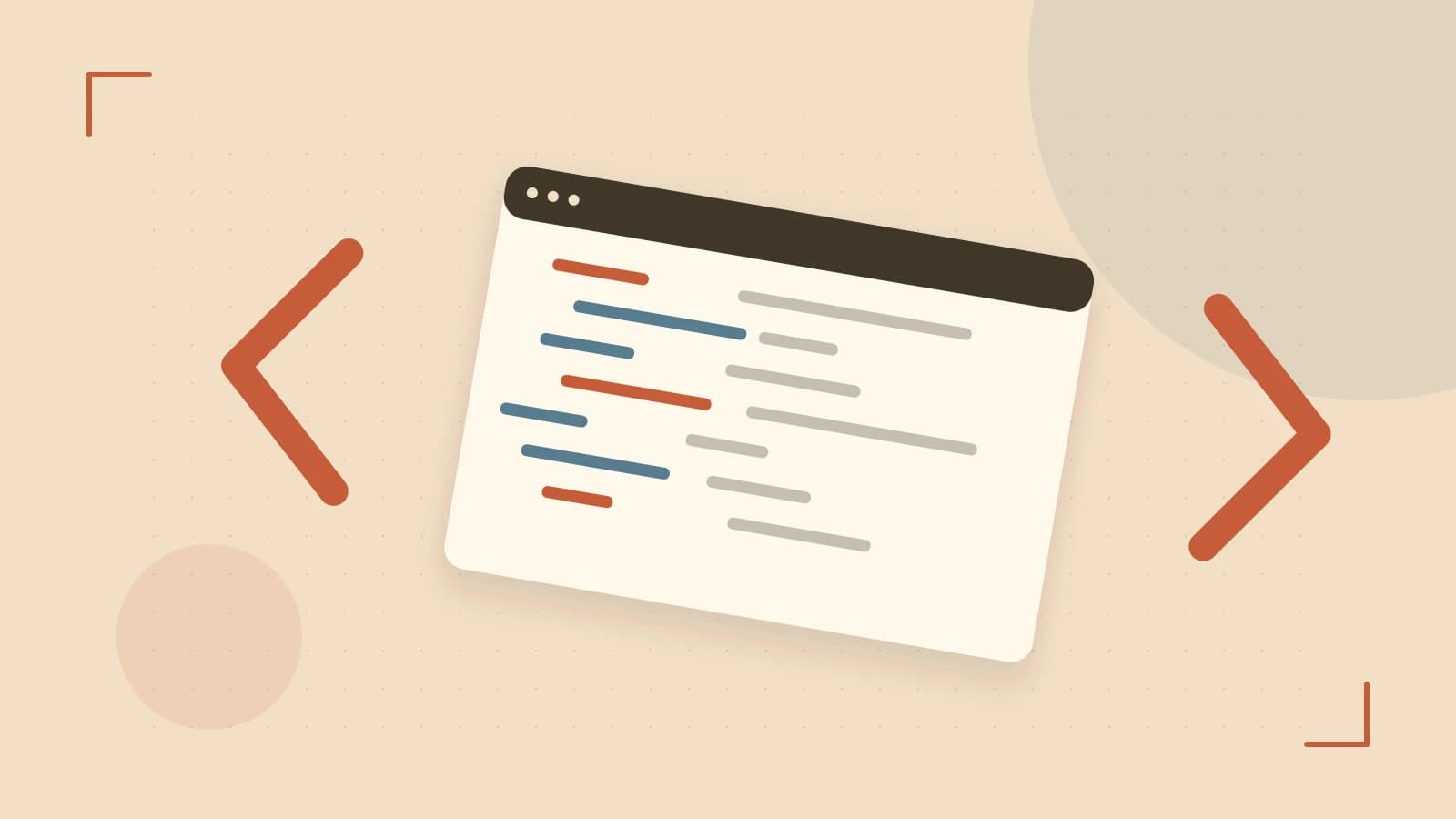 Editorial illustration of an abstract code editor, syntax blocks and oversized programming brackets