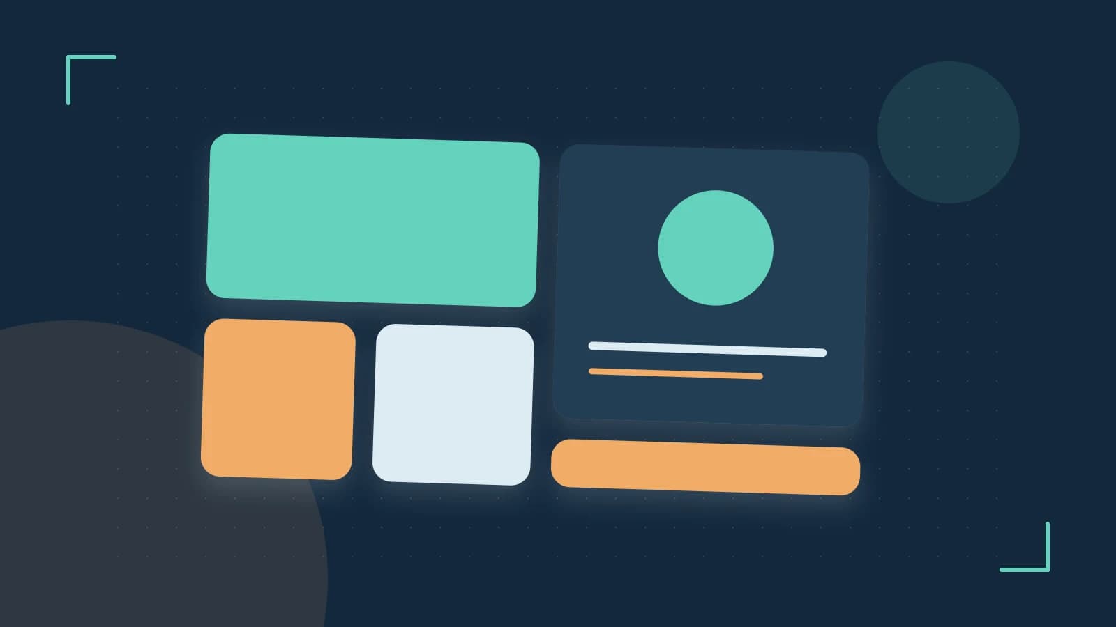 Editorial illustration of responsive browser layouts, overlapping design components and a color system