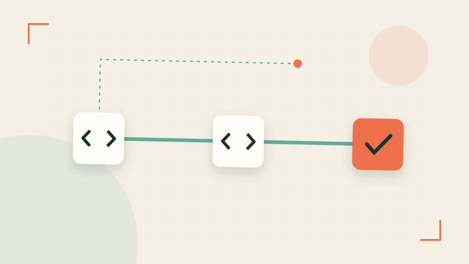 Editorial illustration of a branching build pipeline, staged transformations and a completed check