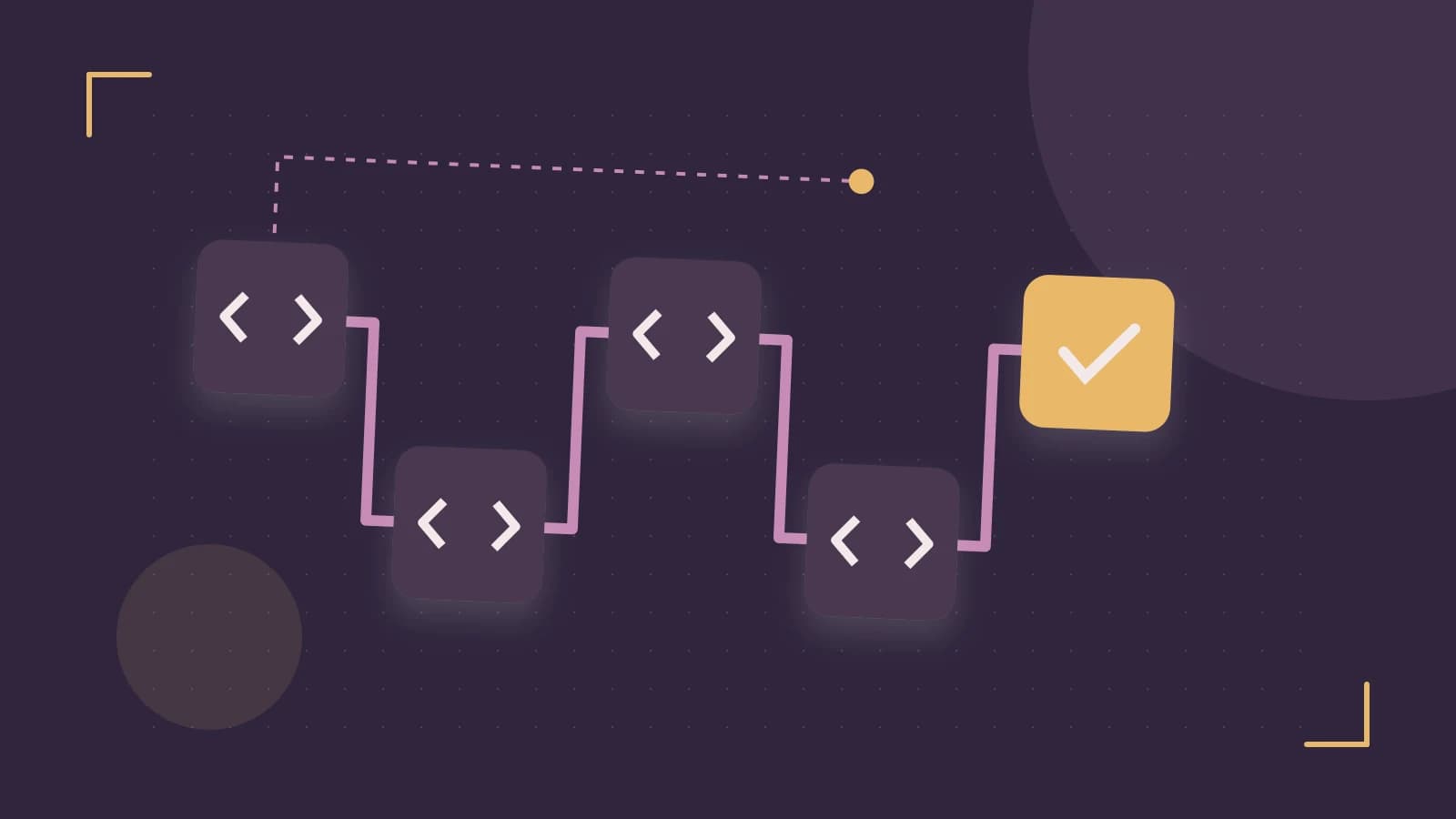 Editorial illustration of a branching build pipeline, staged transformations and a completed check