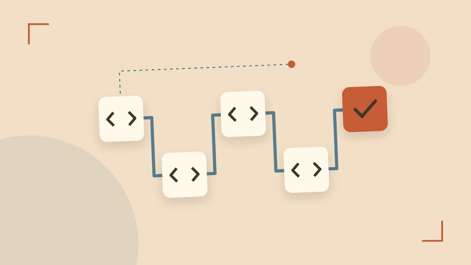 Editorial illustration of a branching build pipeline, staged transformations and a completed check