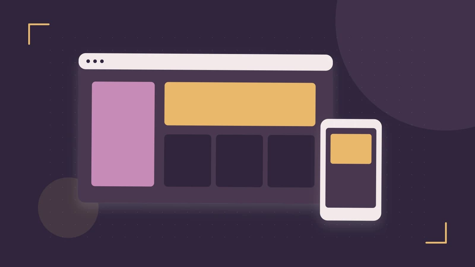Editorial illustration of responsive browser layouts, overlapping design components and a color system