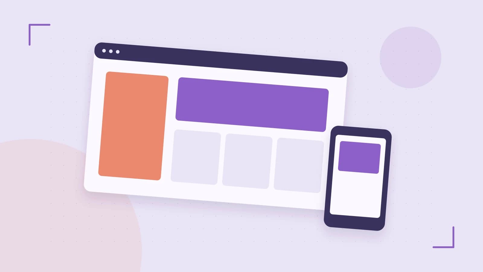Editorial illustration of responsive browser layouts, overlapping design components and a color system