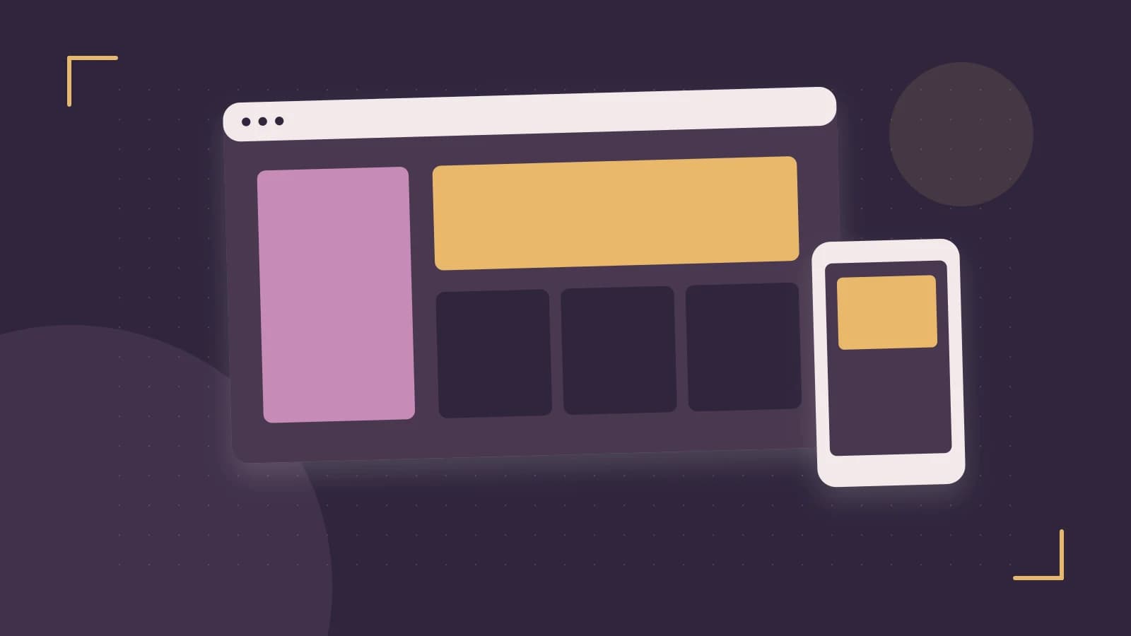 Editorial illustration of responsive browser layouts, overlapping design components and a color system