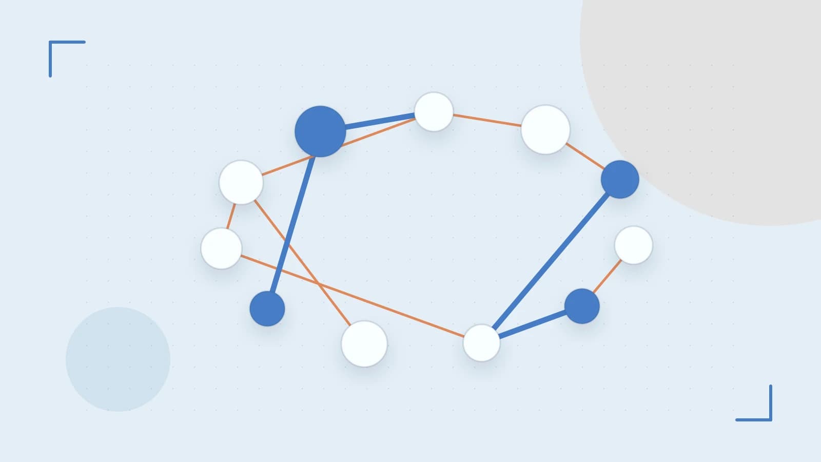 Editorial illustration of an algorithmic node graph with branching paths and a highlighted result