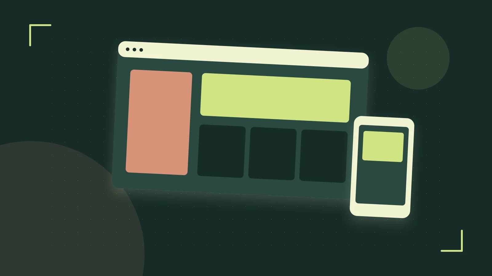 Editorial illustration of responsive browser layouts, overlapping design components and a color system