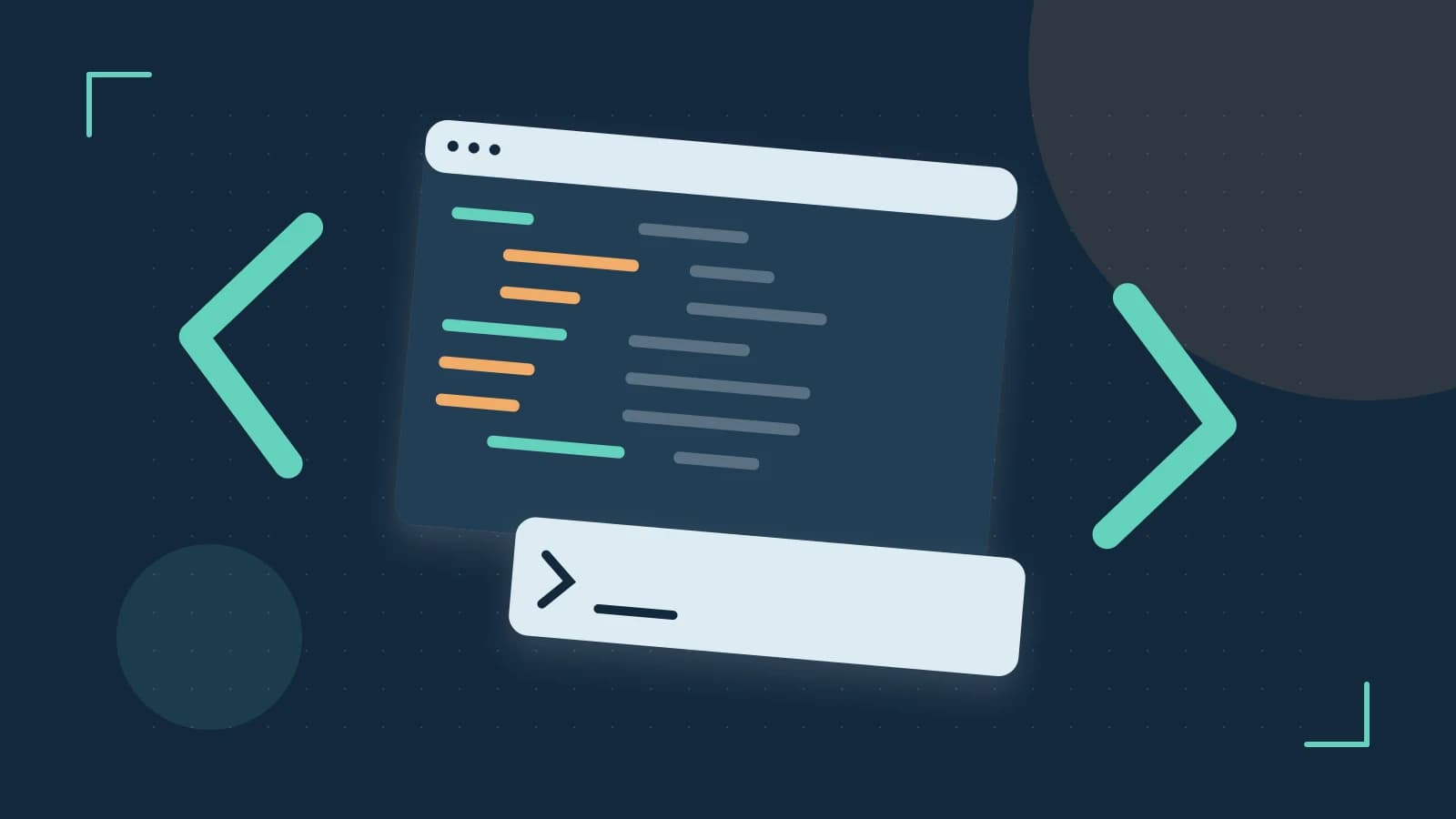 Editorial illustration of an abstract code editor, syntax blocks and oversized programming brackets