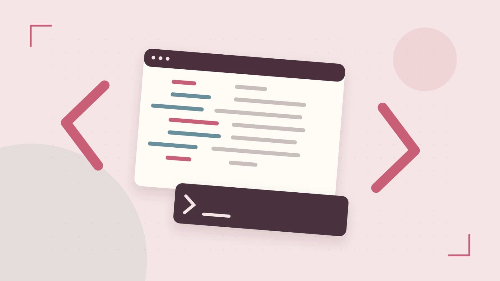 Editorial illustration of an abstract code editor, syntax blocks and oversized programming brackets