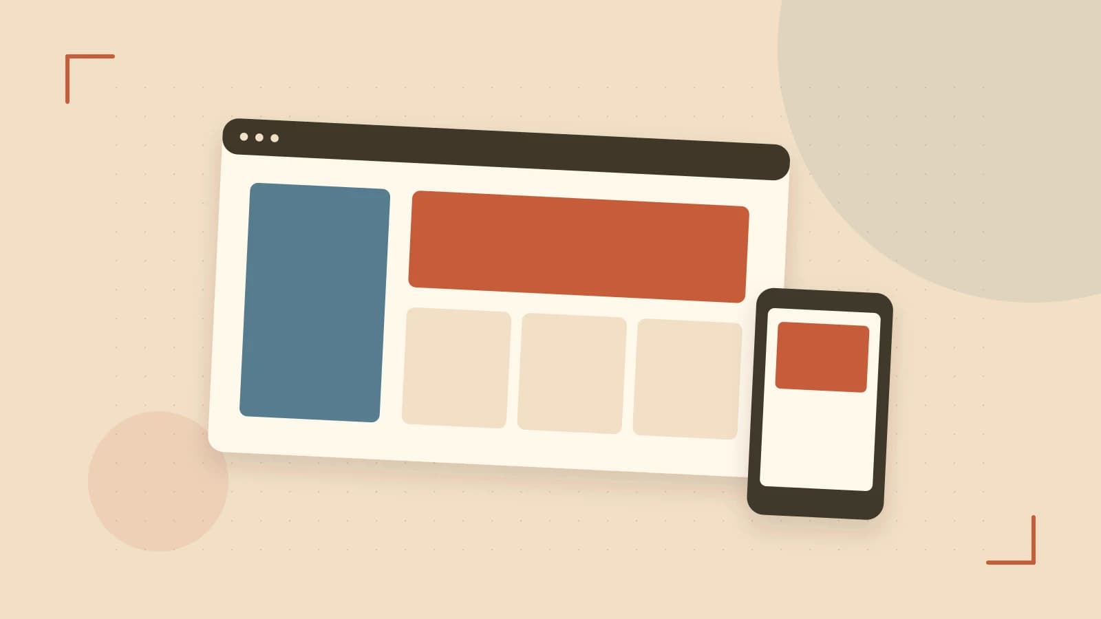 Editorial illustration of responsive browser layouts, overlapping design components and a color system