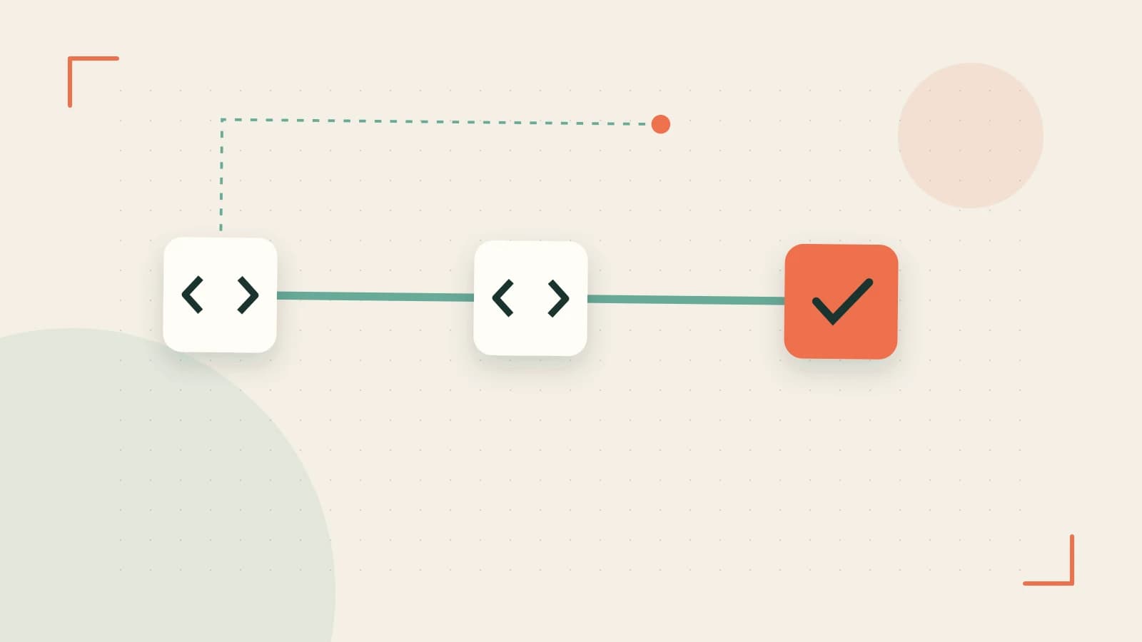 Editorial illustration of a branching build pipeline, staged transformations and a completed check