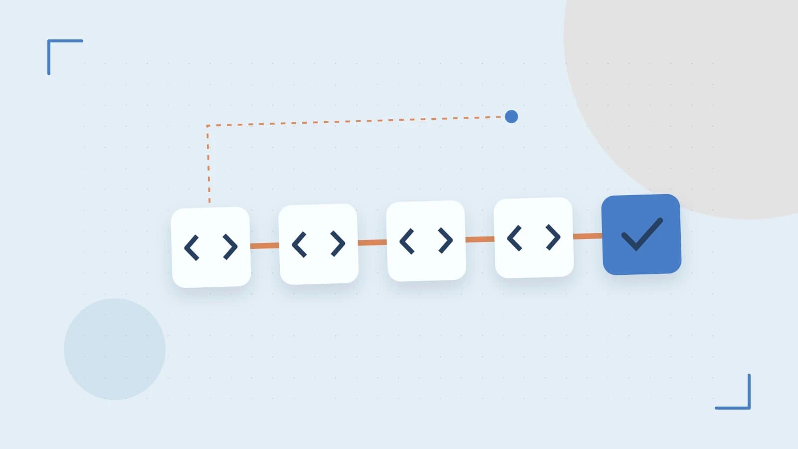 Editorial illustration of a branching build pipeline, staged transformations and a completed check