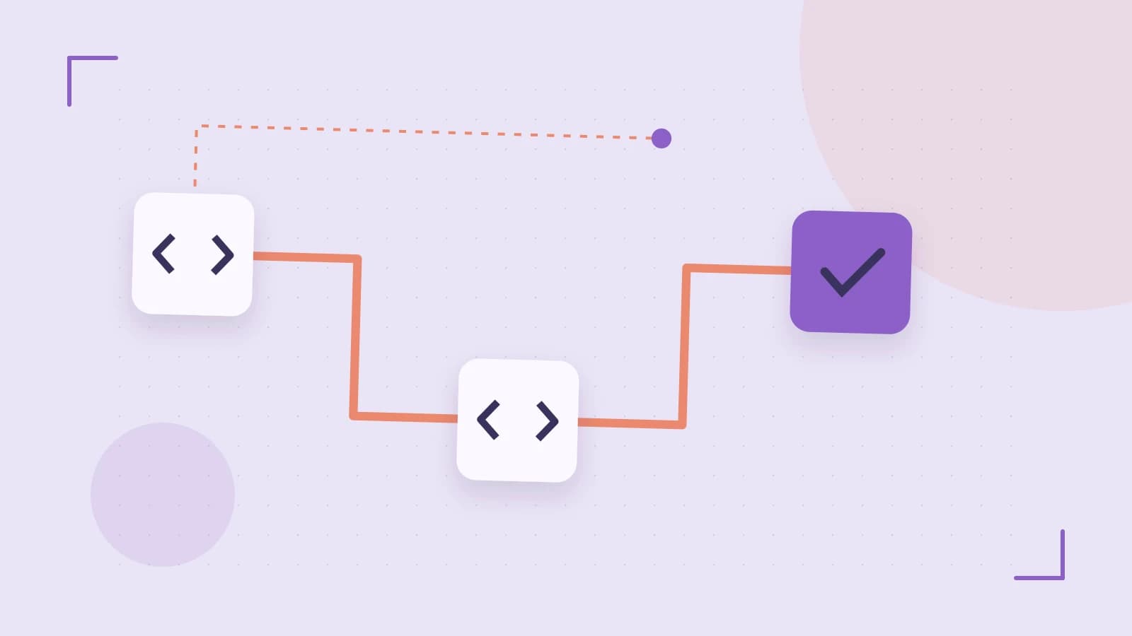 Editorial illustration of a branching build pipeline, staged transformations and a completed check
