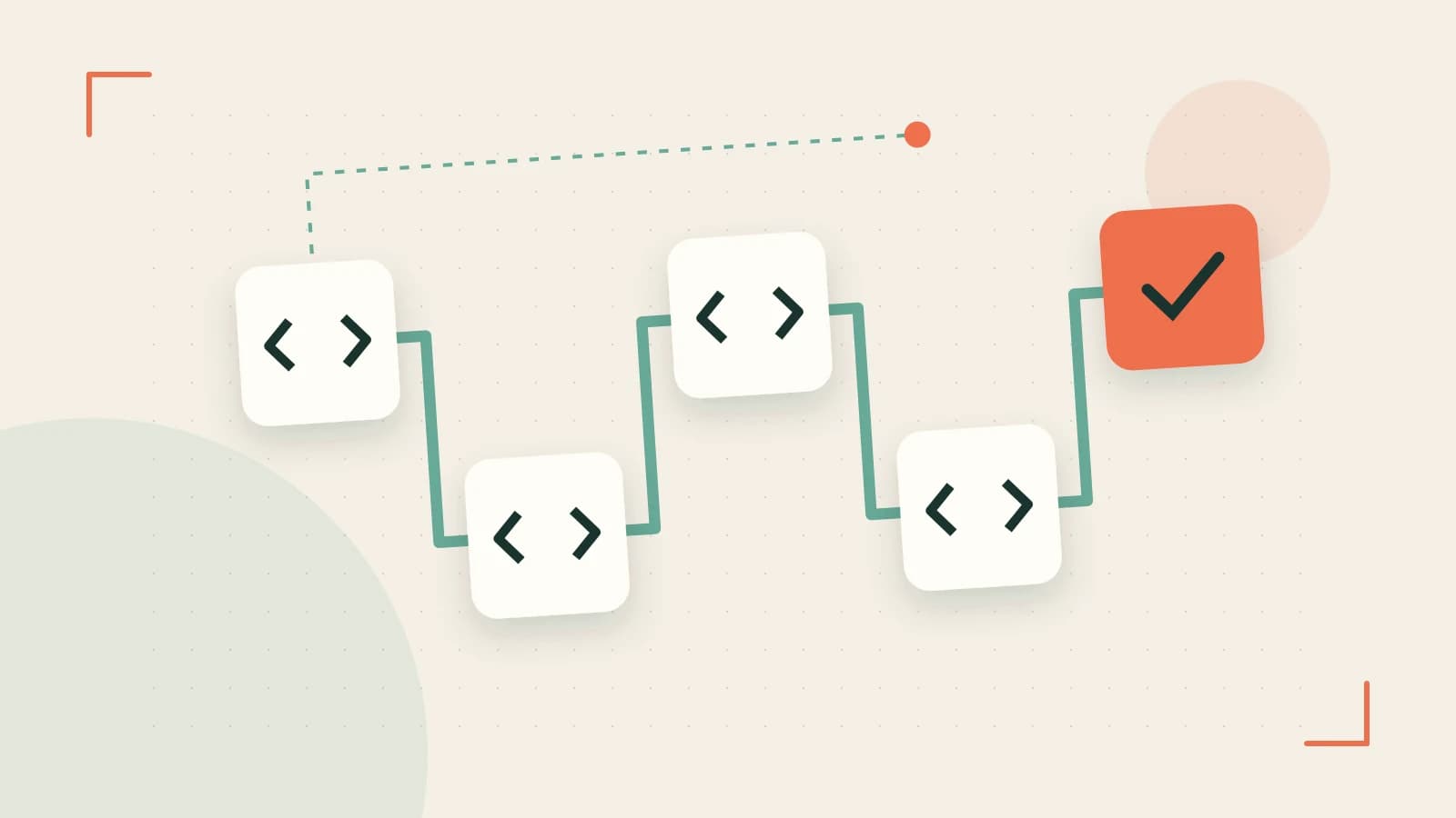 Editorial illustration of a branching build pipeline, staged transformations and a completed check