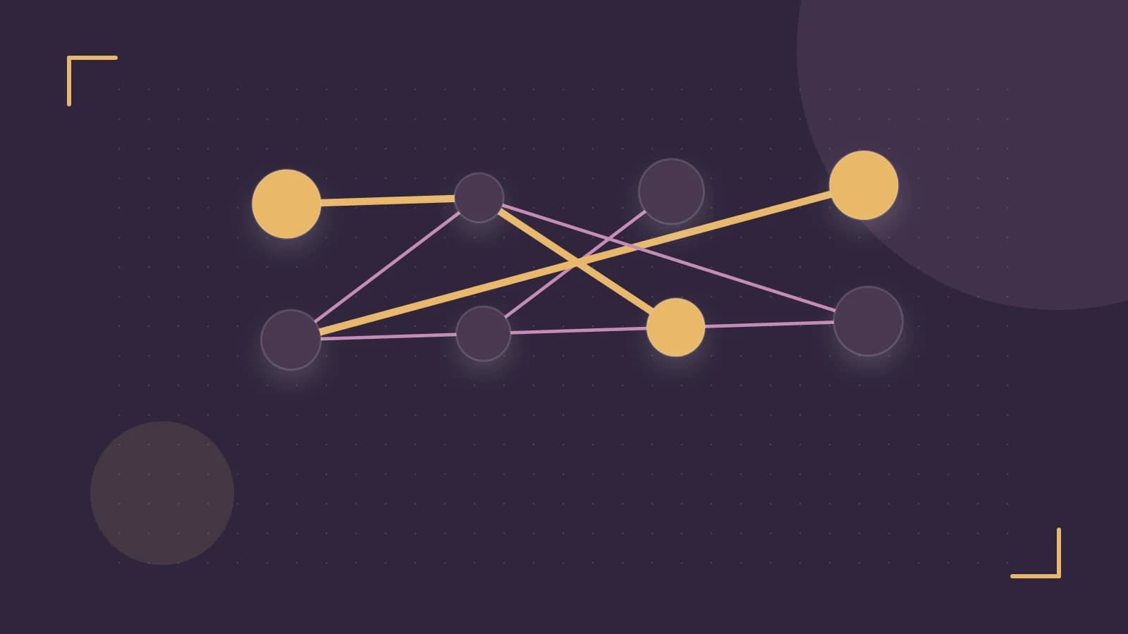 Editorial illustration of an algorithmic node graph with branching paths and a highlighted result