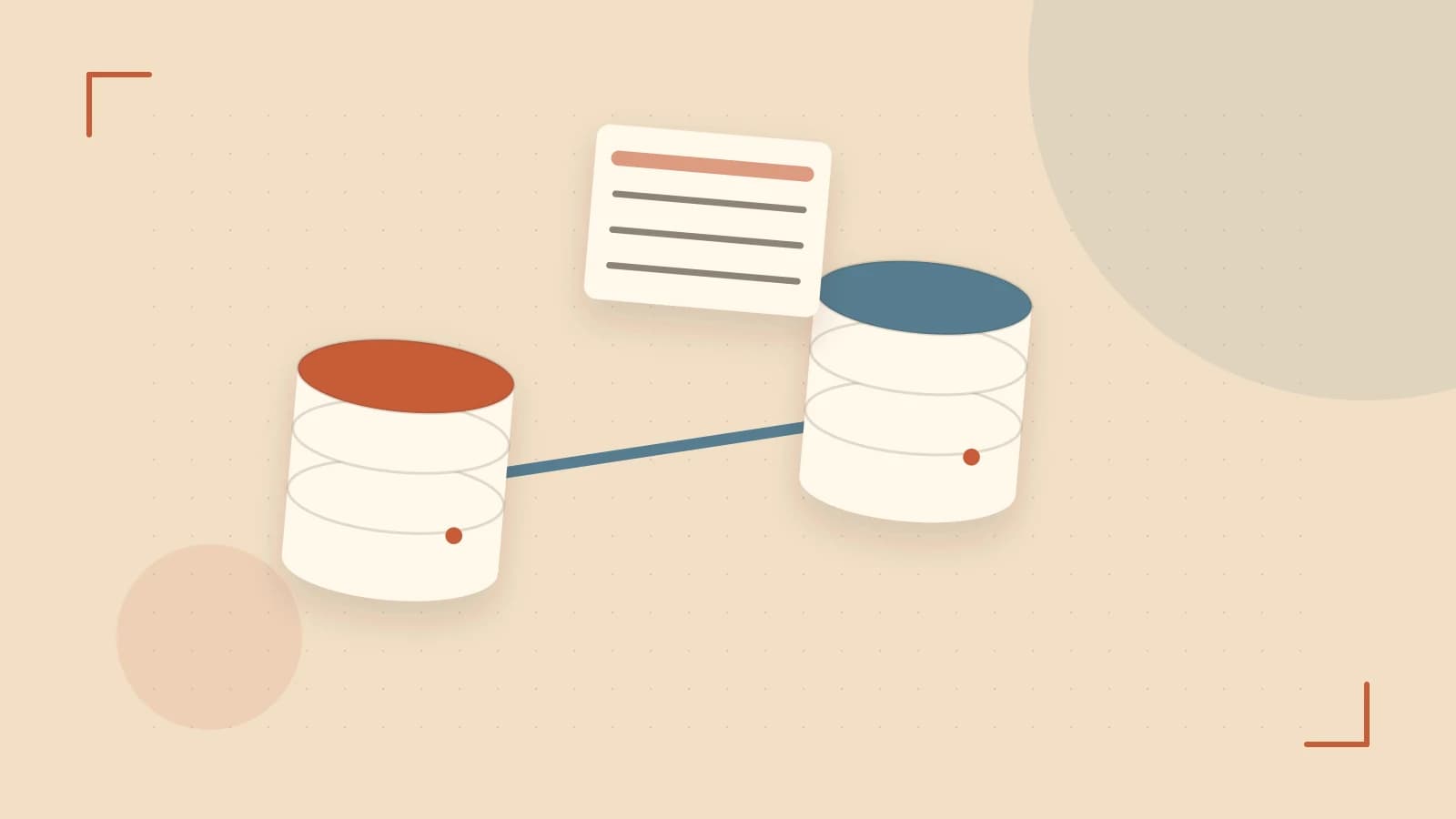 Editorial illustration of structured records, database cylinders and relationships between tables