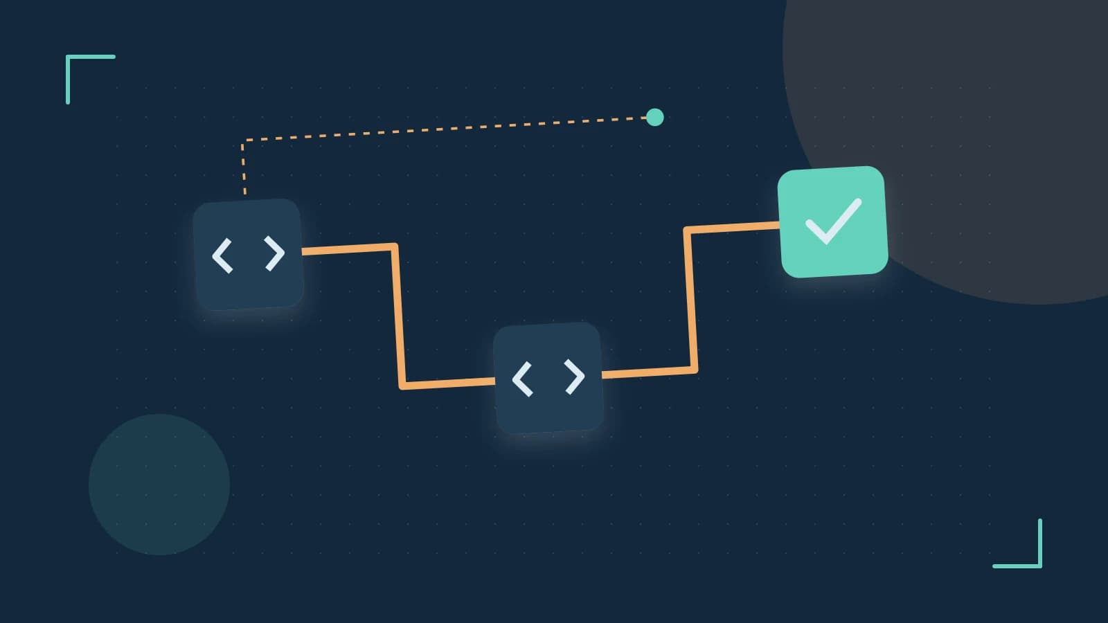 Editorial illustration of a branching build pipeline, staged transformations and a completed check