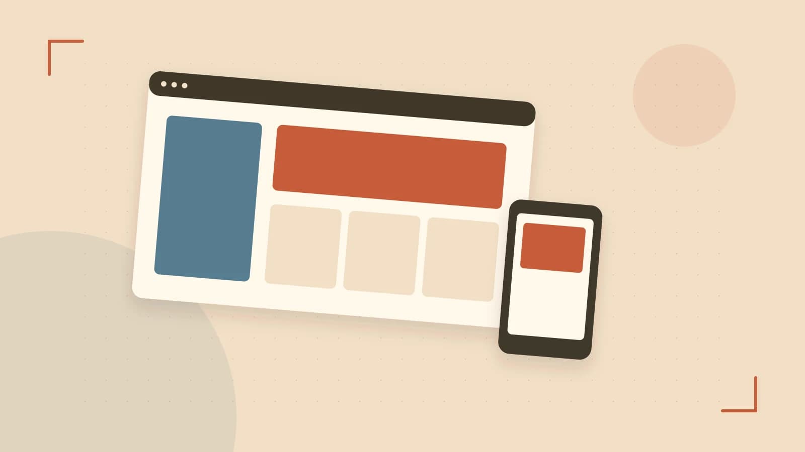 Editorial illustration of responsive browser layouts, overlapping design components and a color system