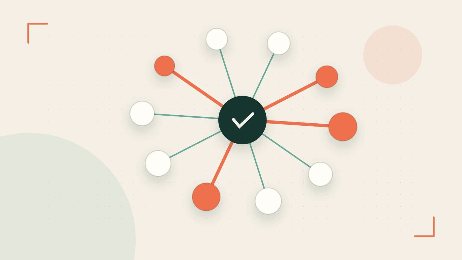 Editorial illustration of an algorithmic node graph with branching paths and a highlighted result