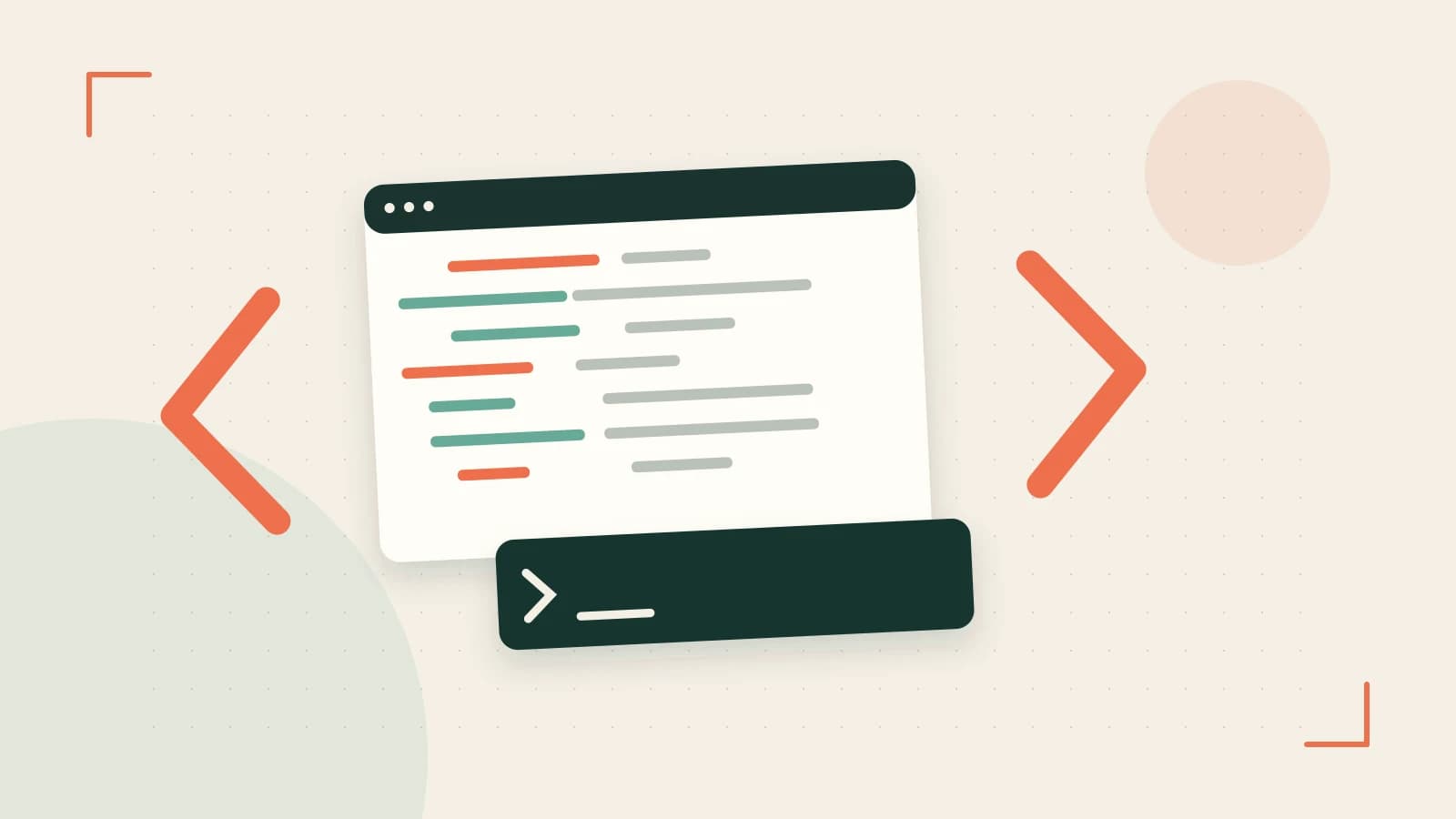Editorial illustration of an abstract code editor, syntax blocks and oversized programming brackets