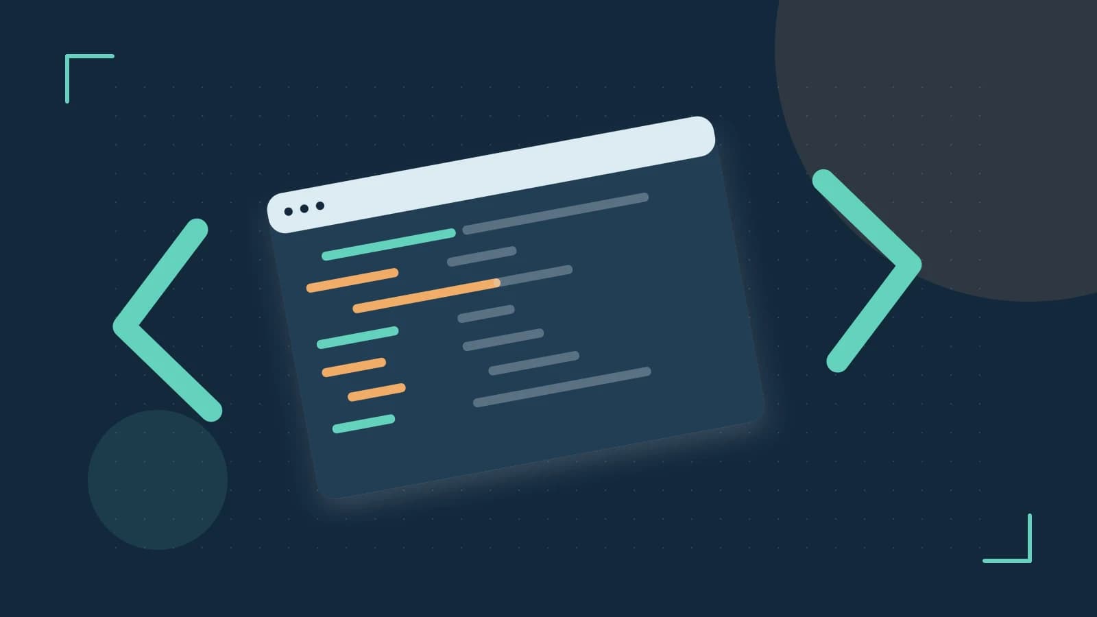 Editorial illustration of an abstract code editor, syntax blocks and oversized programming brackets