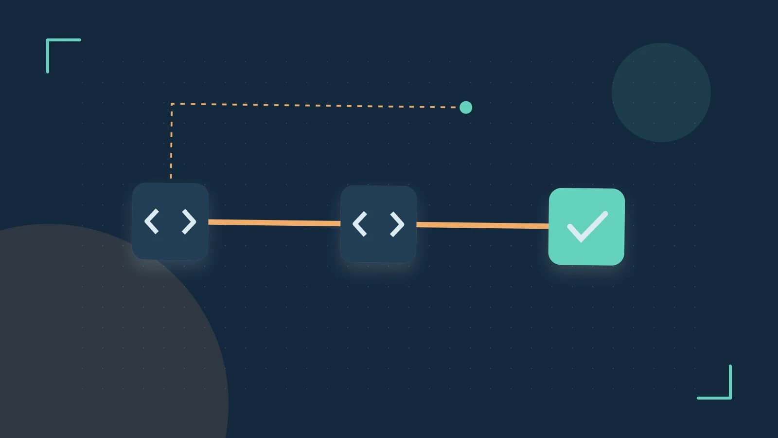 Editorial illustration of a branching build pipeline, staged transformations and a completed check