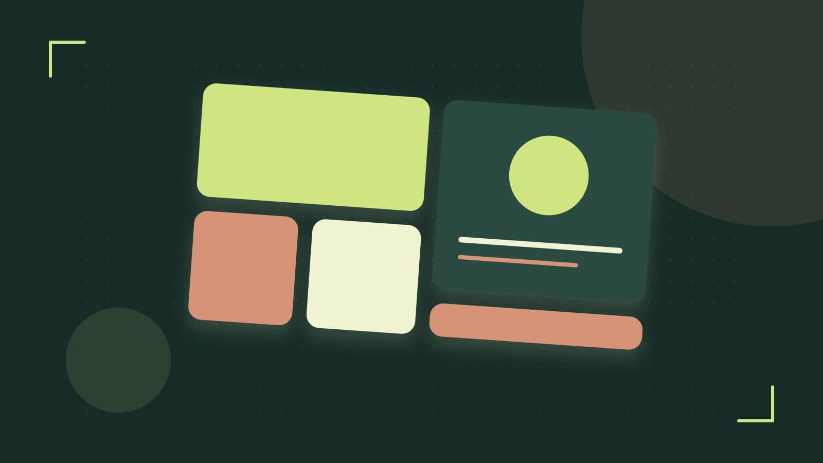 Editorial illustration of responsive browser layouts, overlapping design components and a color system