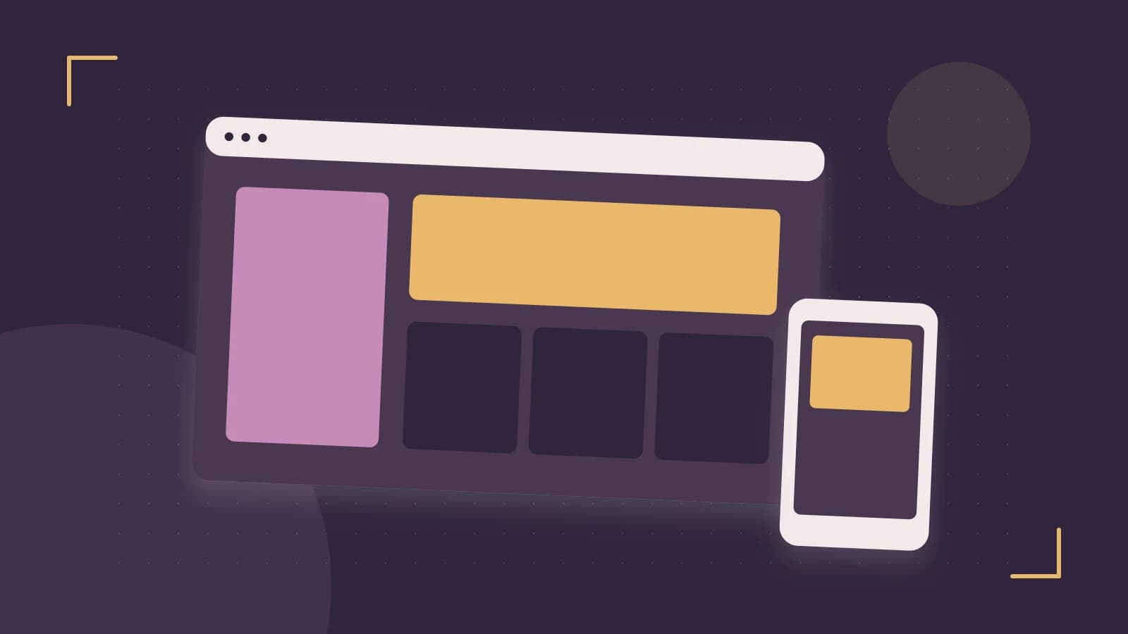 Editorial illustration of responsive browser layouts, overlapping design components and a color system