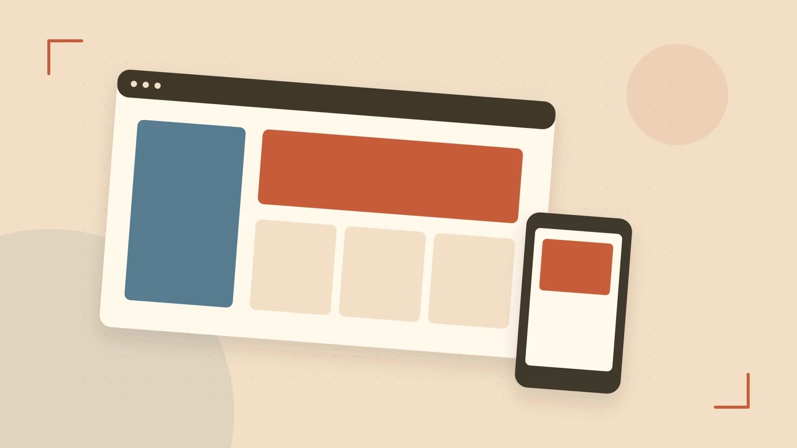 Editorial illustration of responsive browser layouts, overlapping design components and a color system