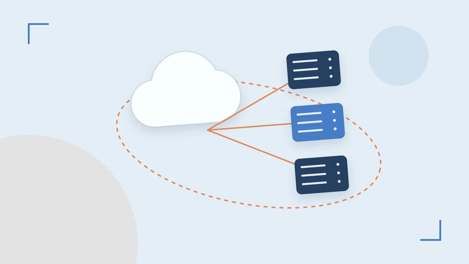 Editorial illustration of cloud infrastructure, connected server racks and an orbital service map