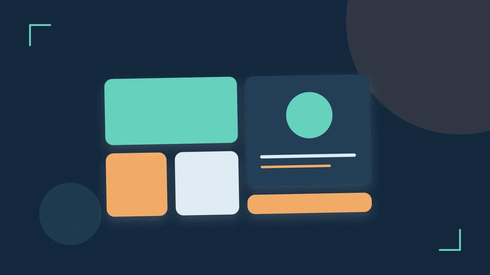 Editorial illustration of responsive browser layouts, overlapping design components and a color system