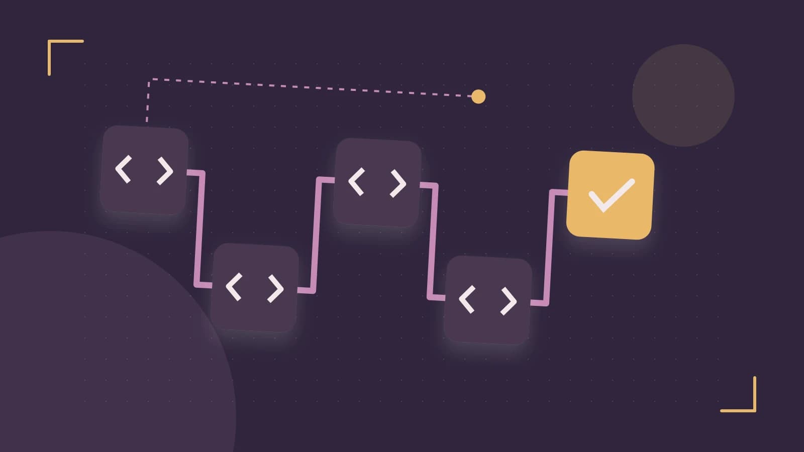 Editorial illustration of a branching build pipeline, staged transformations and a completed check