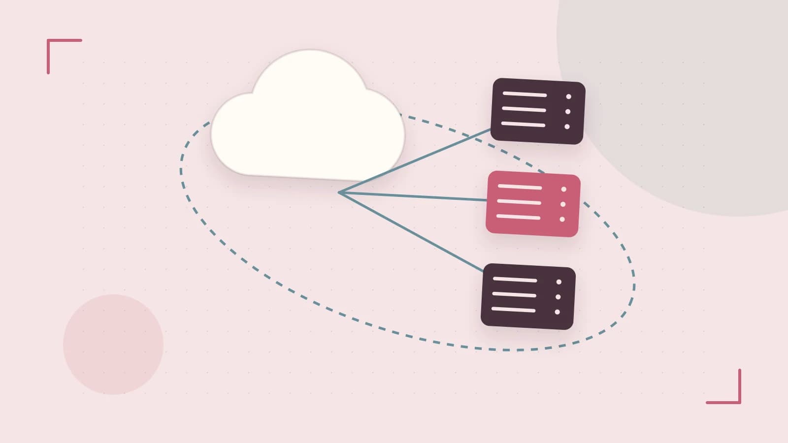 Editorial illustration of cloud infrastructure, connected server racks and an orbital service map