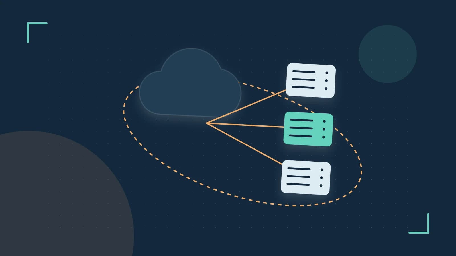 Editorial illustration of cloud infrastructure, connected server racks and an orbital service map