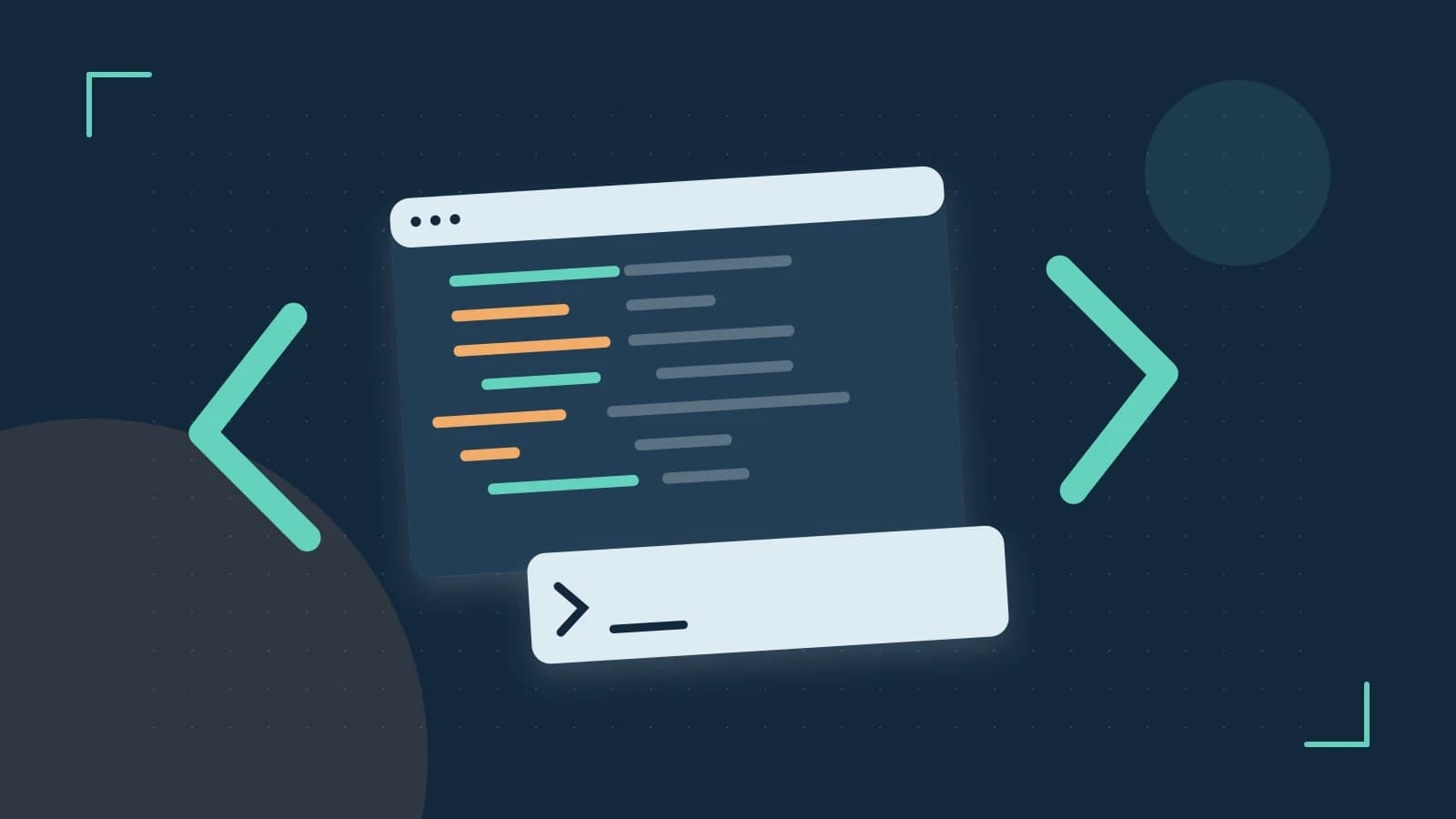 Editorial illustration of an abstract code editor, syntax blocks and oversized programming brackets