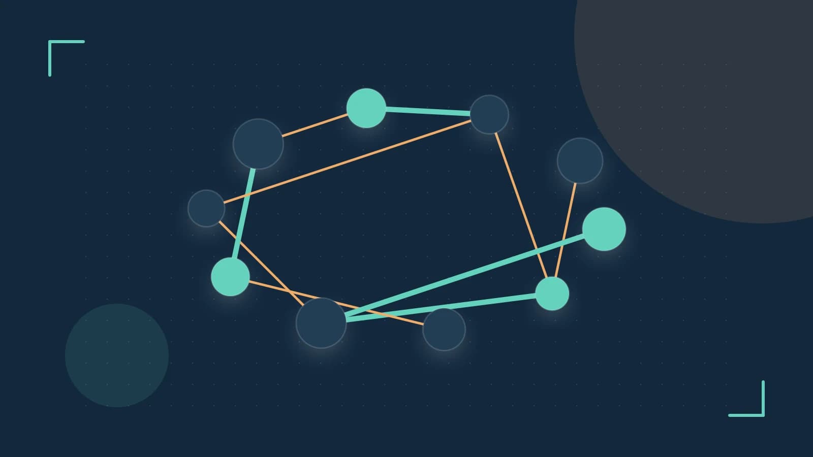 Editorial illustration of an algorithmic node graph with branching paths and a highlighted result