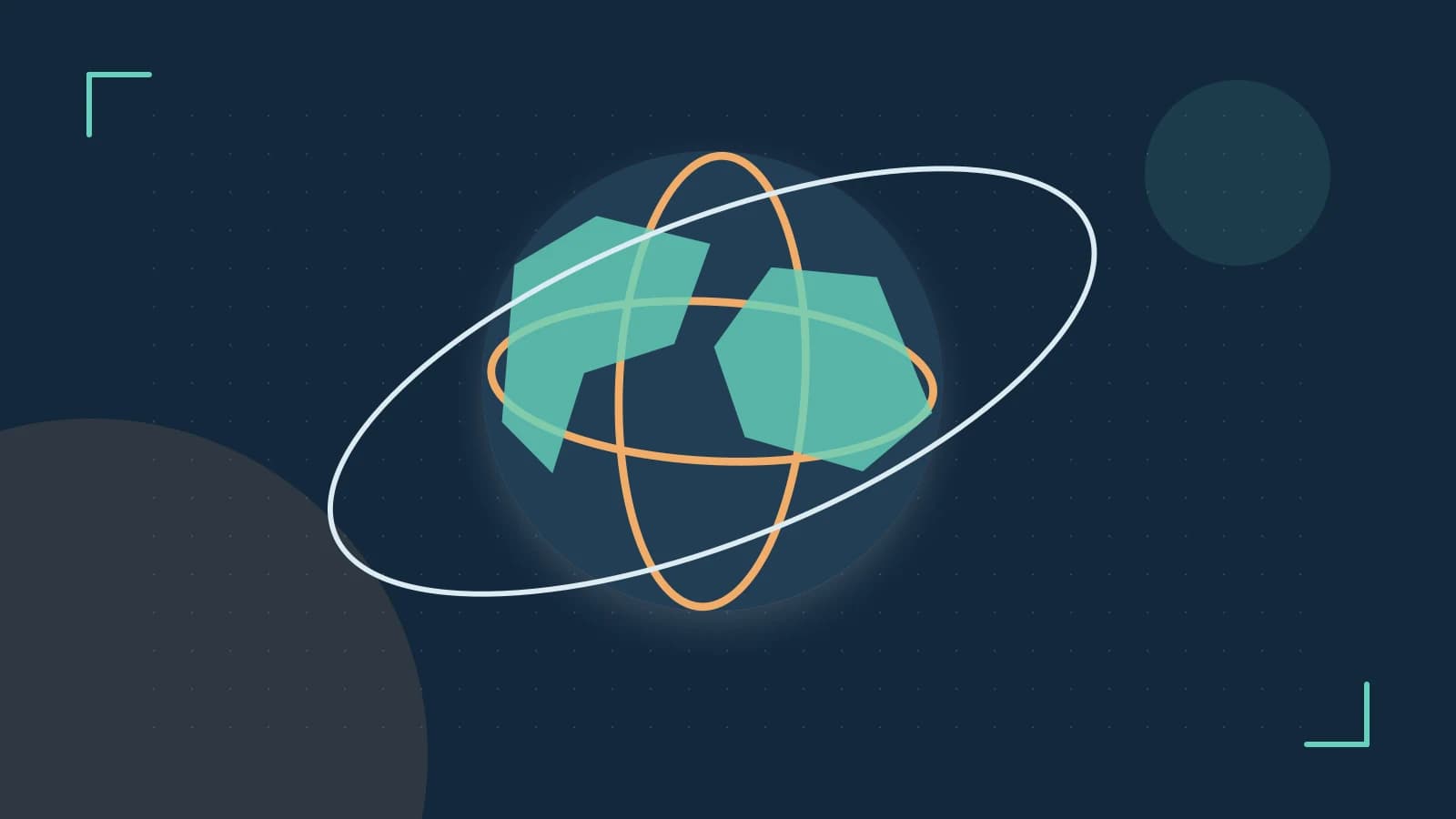Editorial illustration of an editorial globe with meridians and layered geographic shapes
