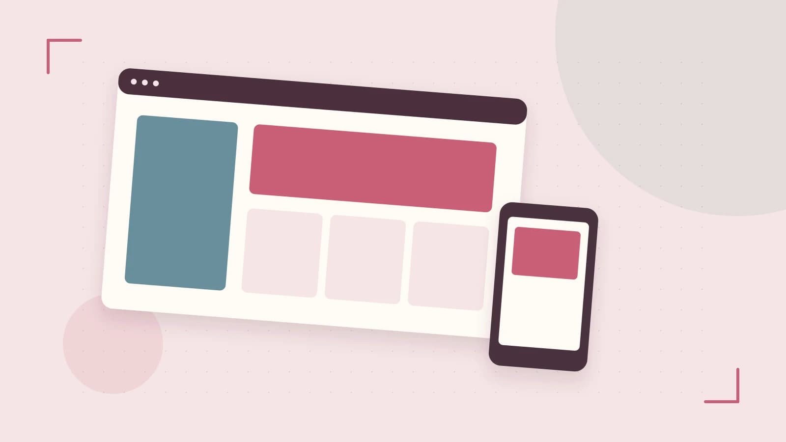 Editorial illustration of responsive browser layouts, overlapping design components and a color system