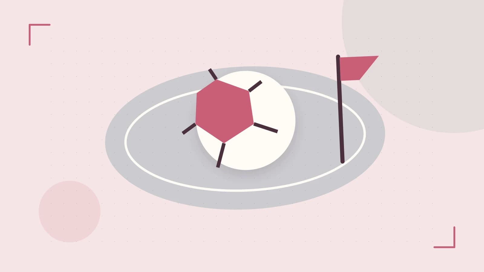 Editorial illustration of a stylized sports ball, stadium geometry and dynamic arcs