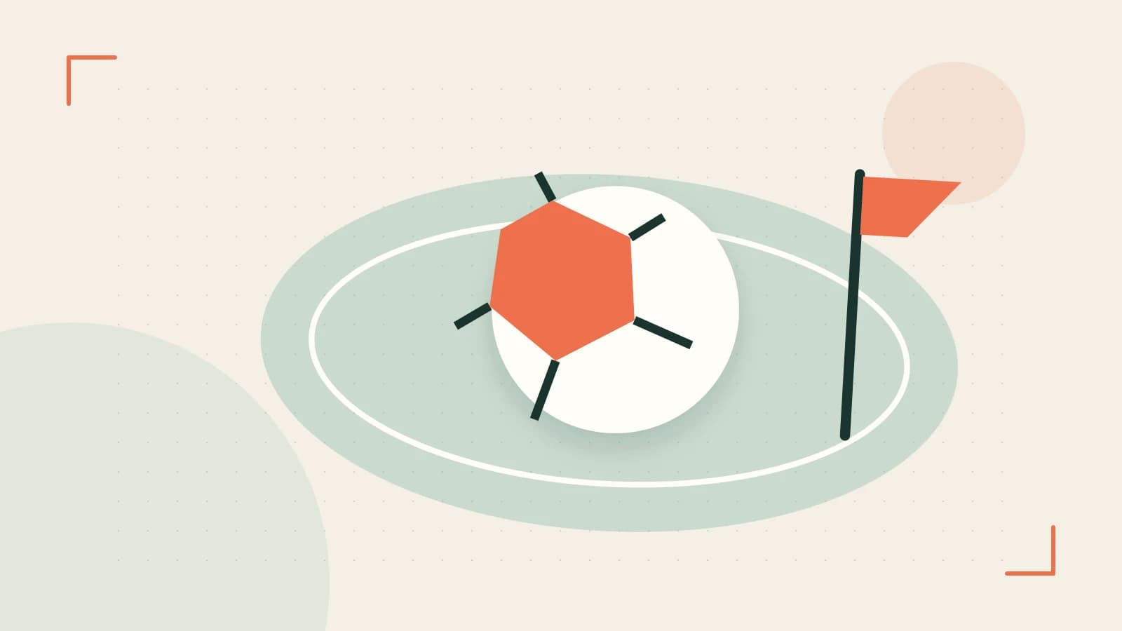 Editorial illustration of a stylized sports ball, stadium geometry and dynamic arcs