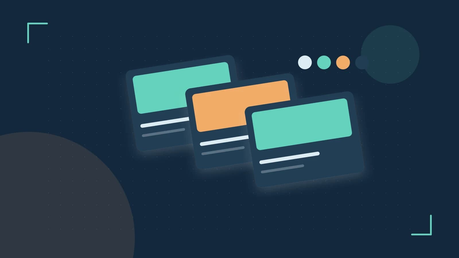 Editorial illustration of responsive browser layouts, overlapping design components and a color system